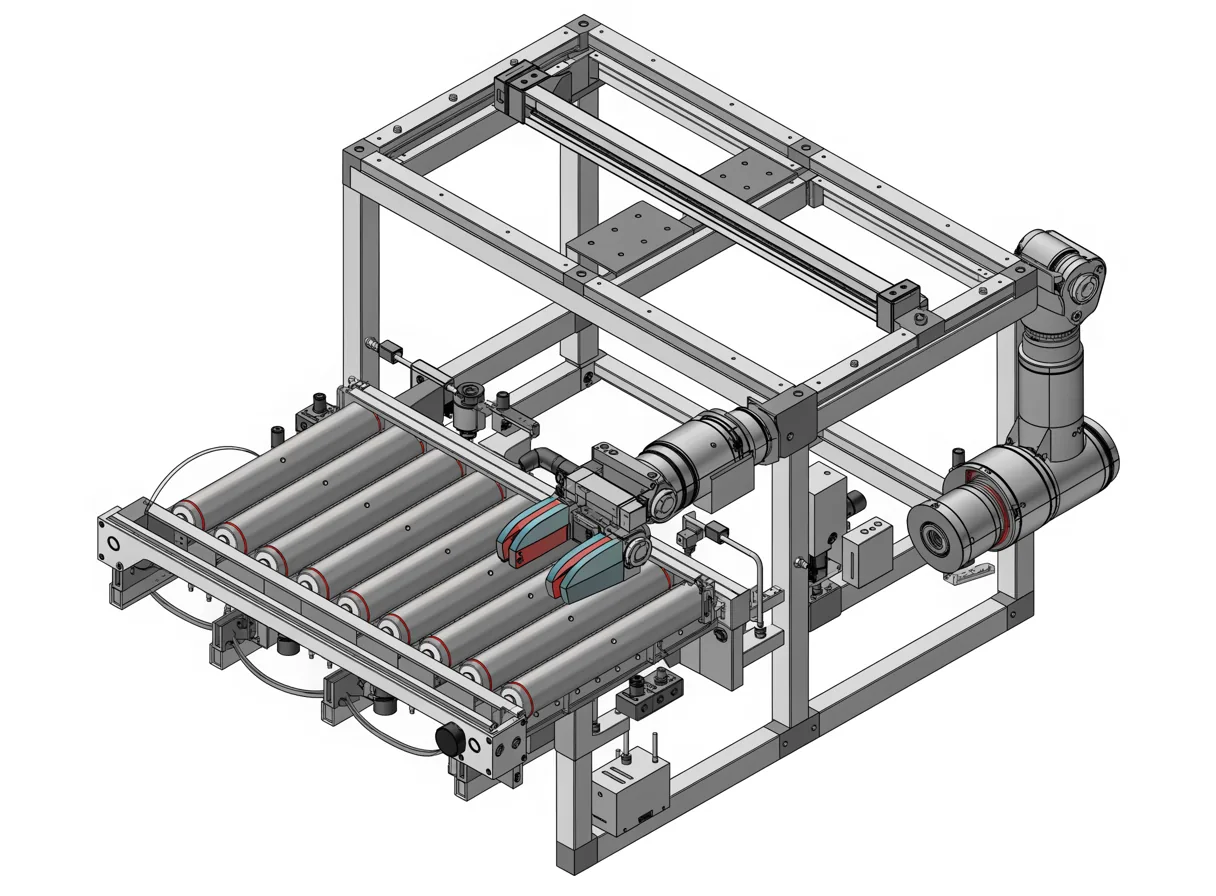 Isometric 3D render of a precision industrial machine assembly